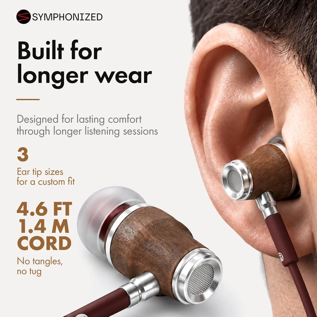 Alt view image 5 of 7 - Symphonized Wooden Aux 3.5mm Jack Wired Earbuds for Laptop, Computer, Phone | HD Inline Microphone, Volume Control, Bubinga Wood, Deep Bass, 3 Ear Tip Sizes, Tangle Free Cord, Protective Case