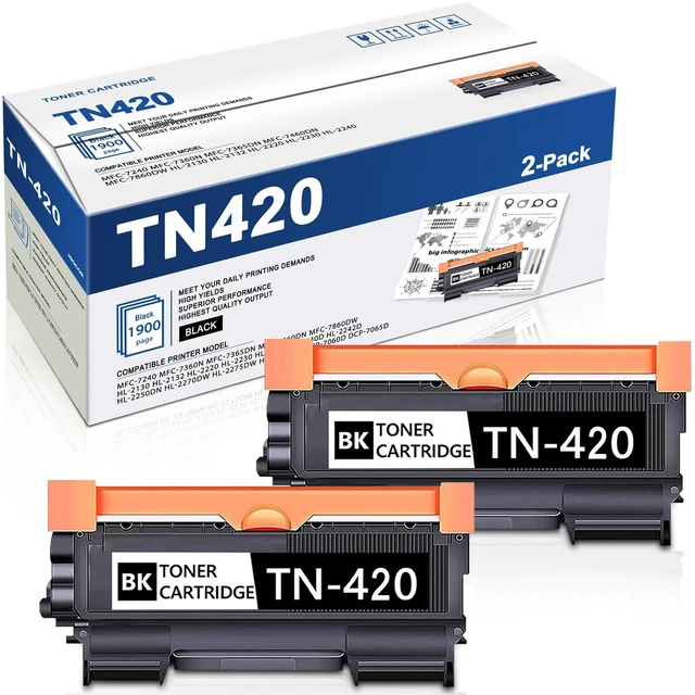 Main image of 2 Pack TN420 TN-420 Toner Cartridge Black: Replacement for Brother TN 420 | to use with HL-2270DW 2280DW 2230 2240 MFC-7360N 7860DW 7065DN Intellifax 2840 2940 Printer Toner