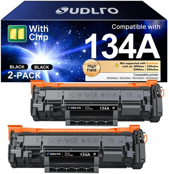Main image of 134A Black Toner Cartridge 2-Pack Replacement for HP 134A 134X (with Chip) | W1340A W1340X 134A Toner Compatible with HP LaserJet M209dw Laser Printer MFP M234dw M234sdw M234sdn Printer Cartridge