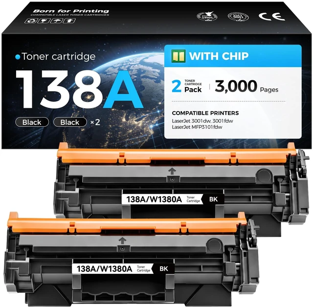 Main image of 138A Toner Cartridge 2Pack with Chip High Yield Compatible for HP 138A 138X W1380A W1380X Toner Work with LaserJet Pro MFP 3001dw 3001fdw 3101fdw Laser Printer Ink All-in-One 3101fdwe 3001dwe 3001fdwe