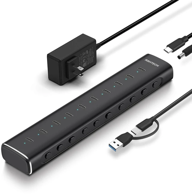 Main image of RSHTECH 10-Port Powered USB C 3.2 Hub, 10Gbps USB-C Extender Hub, RSH-H10C | Aluminum USB Hub Splitter with 60W (12V/5A) Power Adapter, 3.3ft Detachable USB-C/A Cable