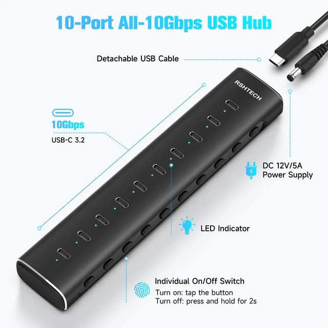 Alt view image 2 of 7 - RSHTECH 10-Port Powered USB C 3.2 Hub, 10Gbps USB-C Extender Hub, RSH-H10C | Aluminum USB Hub Splitter with 60W (12V/5A) Power Adapter, 3.3ft Detachable USB-C/A Cable