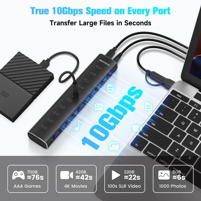 Alt view image 3 of 7 - RSHTECH 10-Port Powered USB C 3.2 Hub, 10Gbps USB-C Extender Hub, RSH-H10C | Aluminum USB Hub Splitter with 60W (12V/5A) Power Adapter, 3.3ft Detachable USB-C/A Cable