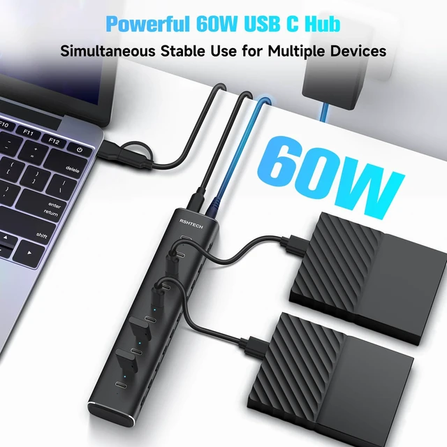 Alt view image 4 of 7 - RSHTECH 10-Port Powered USB C 3.2 Hub, 10Gbps USB-C Extender Hub, RSH-H10C | Aluminum USB Hub Splitter with 60W (12V/5A) Power Adapter, 3.3ft Detachable USB-C/A Cable