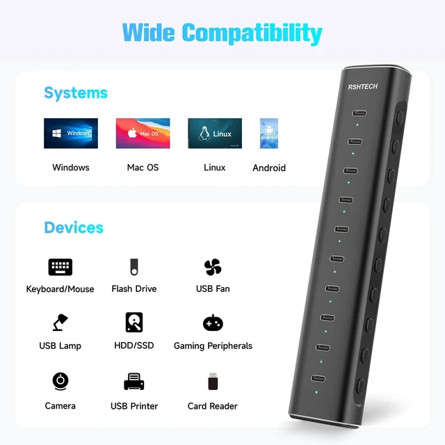 Alt view image 7 of 7 - RSHTECH 10-Port Powered USB C 3.2 Hub, 10Gbps USB-C Extender Hub, RSH-H10C | Aluminum USB Hub Splitter with 60W (12V/5A) Power Adapter, 3.3ft Detachable USB-C/A Cable