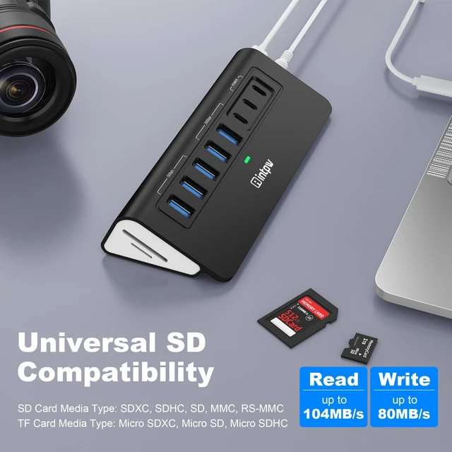 Alt view image 5 of 7 - Powered USB Hub 10Gbps, intpw YH6AC Plus 10-Port USB 3.2 Hub(USB A/USB C 3.2+3 USB-A 3.0+2 PD 45W Fast Charging Ports+SD/TF Card Reader), 65W Power Adapter,Aluminum USB HUB for PC/Laptop,iPhone 17/16