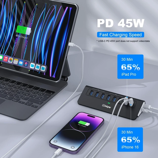 Alt view image 4 of 7 - Powered USB Hub 10Gbps, intpw YH6AC Plus 10-Port USB 3.2 Hub(USB A/USB C 3.2+3 USB-A 3.0+2 PD 45W Fast Charging Ports+SD/TF Card Reader), 65W Power Adapter,Aluminum USB HUB for PC/Laptop,iPhone 17/16