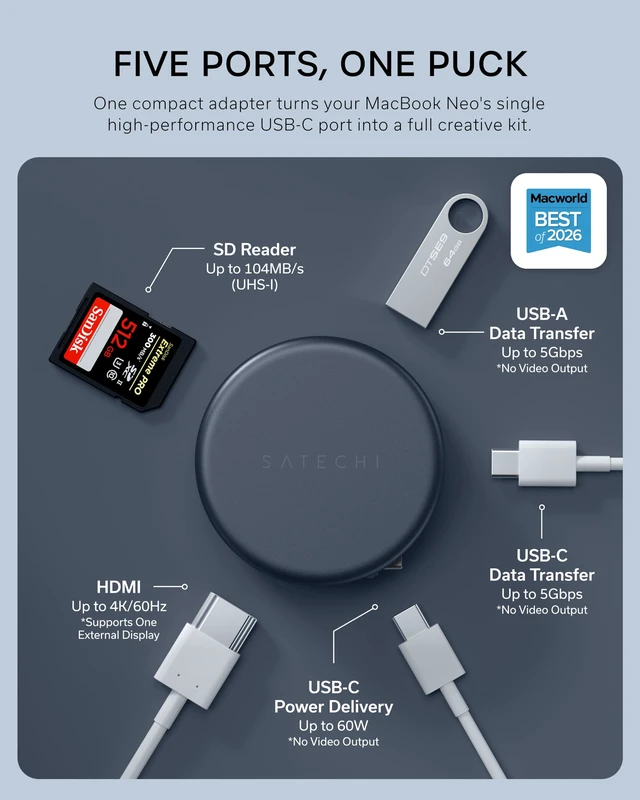 Alt view image 2 of 7 - Satechi OntheGo 5-in-1 USB-C Hub, 4K/60Hz HDMI, SD Card Reader, Indigo | USB hub, 60W PD pass-through charging, SD card reader, 5 Gbps Type-A/Type-C data, magnetic mount, for MacBook Neo/Air/Pro