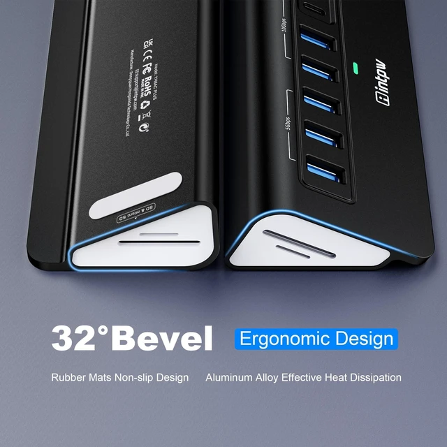 Alt view image 6 of 7 - Powered USB Hub 10Gbps, intpw YH6AC Plus 10-Port USB 3.2 Hub(USB A/USB C 3.2+3 USB-A 3.0+2 PD 45W Fast Charging Ports+SD/TF Card Reader), 65W Power Adapter,Aluminum USB HUB for PC/Laptop,iPhone 17/16
