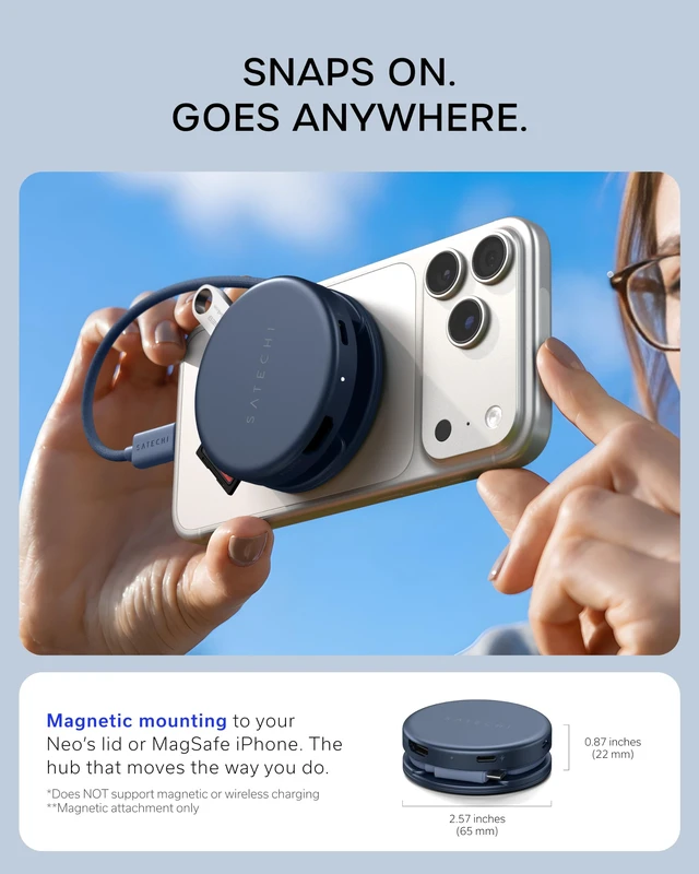 Alt view image 4 of 7 - Satechi OntheGo 5-in-1 USB-C Hub, 4K/60Hz HDMI, SD Card Reader, Indigo | USB hub, 60W PD pass-through charging, SD card reader, 5 Gbps Type-A/Type-C data, magnetic mount, for MacBook Neo/Air/Pro