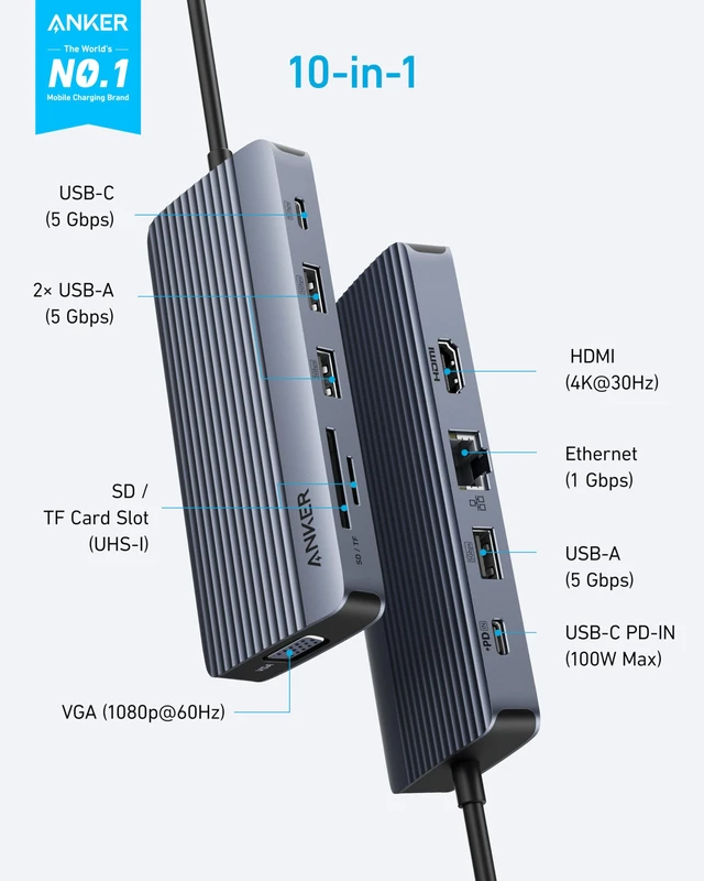 Alt view image 2 of 7 - Anker USB-C Hub, 10-in-1 USB-C Hub, Dual-Display with 4K HDMI and 1080p VGA | 85W Max PD, 1 5Gbps USB-C and 3 5Gbps USB-A Data Ports, SD/TF Card Reader, 1 Gbps Ethernet, for Dell XPS, Vostro and More