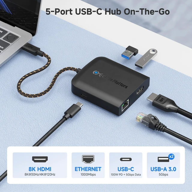 Alt view image 2 of 6 - Cable Matters USB C Hub HDMI 2.1, 8K Video, Gigabit Ethernet | 8K@30Hz / 4K@120Hz, 100W Charging, 5Gbps Data Transfer, Max 4K@60Hz on macOS, Compatible with Thunderbolt 4/5