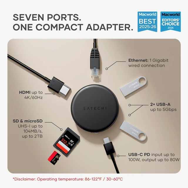 Alt view image 2 of 7 - Satechi OntheGo 7-in-1 USB-C Hub, 4K/60Hz HDMI, 100W PD, Space Black | 100W PD, gigabit Ethernet, dual 5 Gbps Type-A ports, SD/microSD reader, coiled cable, fits Mac & Windows