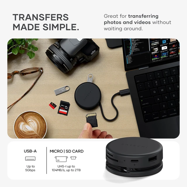 Alt view image 6 of 7 - Satechi OntheGo 7-in-1 USB-C Hub, 4K/60Hz HDMI, 100W PD, Space Black | 100W PD, gigabit Ethernet, dual 5 Gbps Type-A ports, SD/microSD reader, coiled cable, fits Mac & Windows
