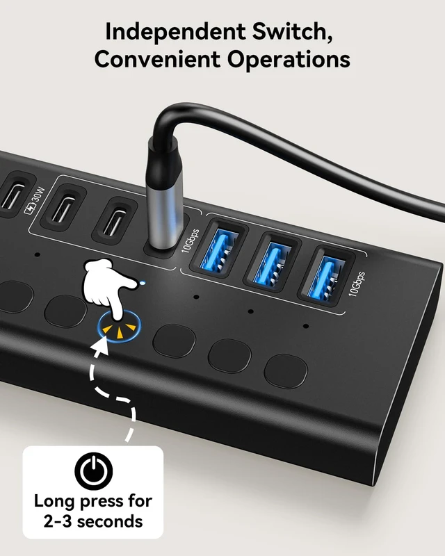 Alt view image 7 of 7 - Powered USB Hub,7 Ports 10Gbps USB C Hub, 3*USB-A 3.2+3*USB-C 3.2+1*PD 30W | Plug & Play, 60W Power Adapter, Individual On/Off Switch, Aluminum, USB 3.2 Hub for PC/Laptop MacBook HDD SSD Flash Drive