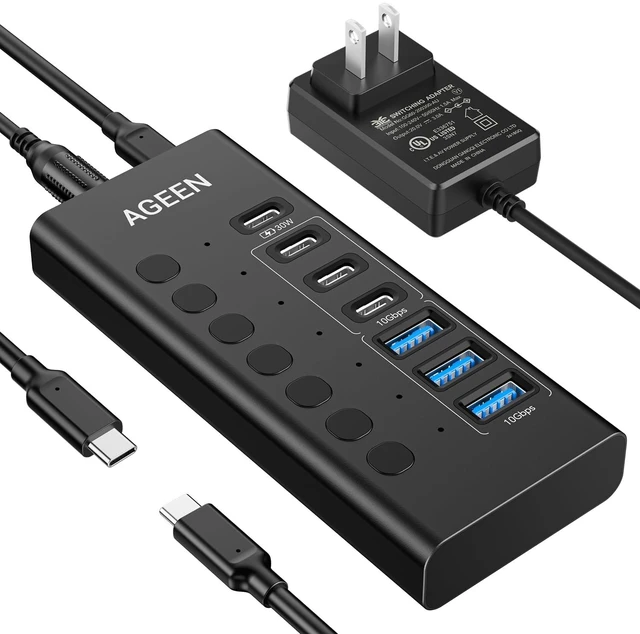 Main image of Powered USB Hub,7 Ports 10Gbps USB C Hub, 3*USB-A 3.2+3*USB-C 3.2+1*PD 30W | Plug & Play, 60W Power Adapter, Individual On/Off Switch, Aluminum, USB 3.2 Hub for PC/Laptop MacBook HDD SSD Flash Drive