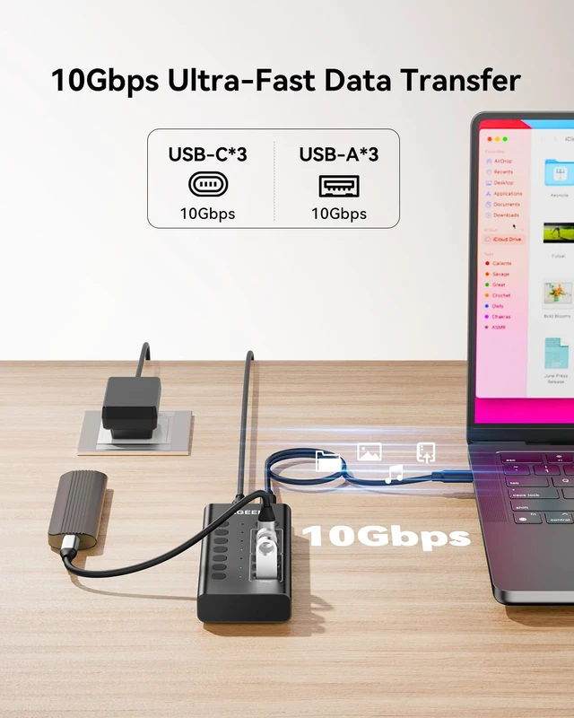 Alt view image 3 of 7 - Powered USB Hub,7 Ports 10Gbps USB C Hub, 3*USB-A 3.2+3*USB-C 3.2+1*PD 30W | Plug & Play, 60W Power Adapter, Individual On/Off Switch, Aluminum, USB 3.2 Hub for PC/Laptop MacBook HDD SSD Flash Drive