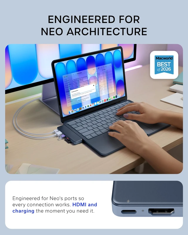 Alt view image 2 of 7 - Satechi 6-in-2 USB-C Snap Hub, 4K/60Hz HDMI, for MacBook Neo, Indigo | USB hub, 45W PD pass-through charging, SD & microSD card readers, 5 Gbps Type-A/Type-C data, for MacBook Neo