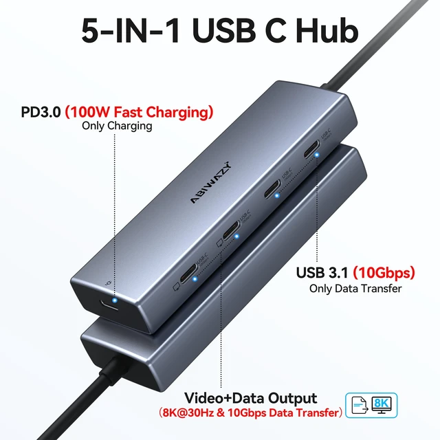 Alt view image 2 of 7 - 10Gbps USB C Hub, 5 Port USB C Splitter with 8K@30Hz USB-C Display Output | 2 USB-C Video Ports for Dual Monitor, 10Gbps USB-C Data and PD 100W Charging, USB C Adapter for Laptops and Type C Devices