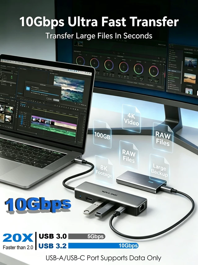 Alt view image 5 of 7 - USB C Hub 2.5G Ethernet, WAVLINK 10Gbps USB C Hub with 2.5Gb RJ45 Port | USB-C Hub Multiport Adapter 4K@120Hz HDMI, 3 * 10Gbps USB-A/C, PD 85W for MacBook Neo/Pro/Air, iPad, Acer, Dell, HP etc.