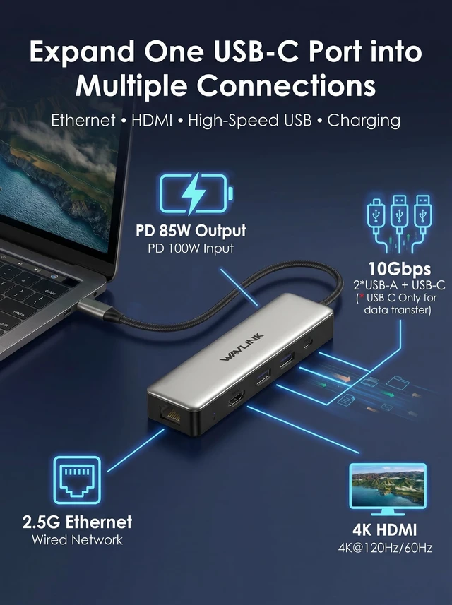 Alt view image 2 of 7 - USB C Hub 2.5G Ethernet, WAVLINK 10Gbps USB C Hub with 2.5Gb RJ45 Port | USB-C Hub Multiport Adapter 4K@120Hz HDMI, 3 * 10Gbps USB-A/C, PD 85W for MacBook Neo/Pro/Air, iPad, Acer, Dell, HP etc.