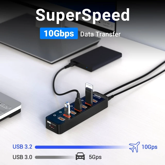 Alt view image 2 of 7 - Powered USB Hub 3.2, atolla 8-Port USB 3.2/USB C Hub, Powered USB C Hub with 7 USB-A 10Gbps ports +1 Smart Charging port, Individual On/Off Switches, LEDs, 20W Power Adapter for PC/Laptop, Flash Drive