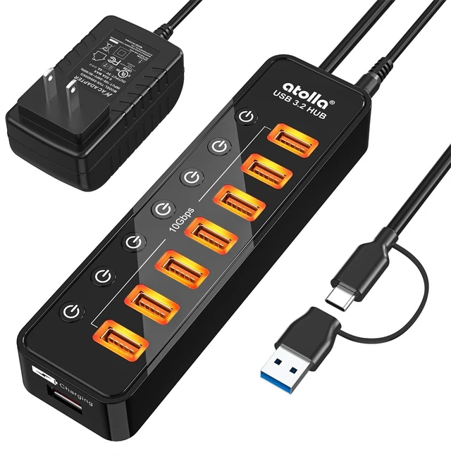 Main image of Powered USB Hub 3.2, atolla 8-Port USB 3.2/USB C Hub, Powered USB C Hub with 7 USB-A 10Gbps ports +1 Smart Charging port, Individual On/Off Switches, LEDs, 20W Power Adapter for PC/Laptop, Flash Drive