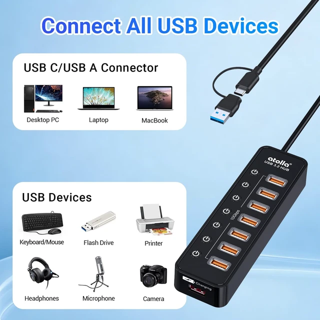 Alt view image 3 of 7 - Powered USB Hub 3.2, atolla 8-Port USB 3.2/USB C Hub, Powered USB C Hub with 7 USB-A 10Gbps ports +1 Smart Charging port, Individual On/Off Switches, LEDs, 20W Power Adapter for PC/Laptop, Flash Drive