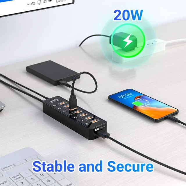 Alt view image 4 of 7 - Powered USB Hub 3.2, atolla 8-Port USB 3.2/USB C Hub, Powered USB C Hub with 7 USB-A 10Gbps ports +1 Smart Charging port, Individual On/Off Switches, LEDs, 20W Power Adapter for PC/Laptop, Flash Drive