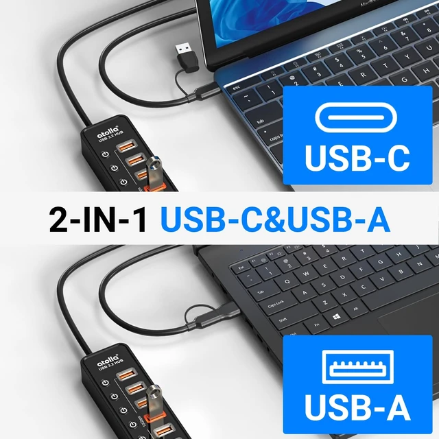 Alt view image 5 of 7 - Powered USB Hub 3.2, atolla 8-Port USB 3.2/USB C Hub, Powered USB C Hub with 7 USB-A 10Gbps ports +1 Smart Charging port, Individual On/Off Switches, LEDs, 20W Power Adapter for PC/Laptop, Flash Drive