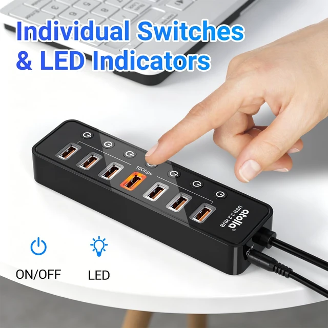 Alt view image 6 of 7 - Powered USB Hub 3.2, atolla 8-Port USB 3.2/USB C Hub, Powered USB C Hub with 7 USB-A 10Gbps ports +1 Smart Charging port, Individual On/Off Switches, LEDs, 20W Power Adapter for PC/Laptop, Flash Drive