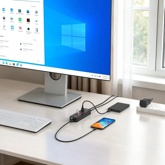 Alt view image 7 of 7 - Powered USB Hub 3.2, atolla 8-Port USB 3.2/USB C Hub, Powered USB C Hub with 7 USB-A 10Gbps ports +1 Smart Charging port, Individual On/Off Switches, LEDs, 20W Power Adapter for PC/Laptop, Flash Drive