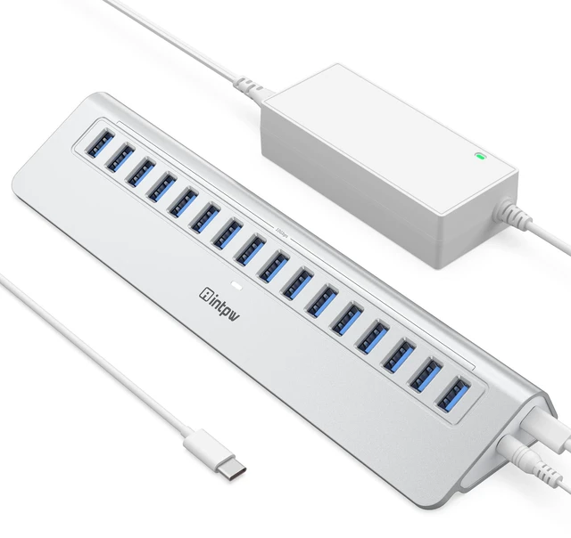 Main image of Powered 16-Port USB 3.2 Hub, 10Gbps Data Transfer, 28° Ergonomic Design | 65W Adapter Aluminum Heavy-Duty Plug & Play 3ft Cable for PC, Mac, U Flash Drive, Mobile HDD, SSD