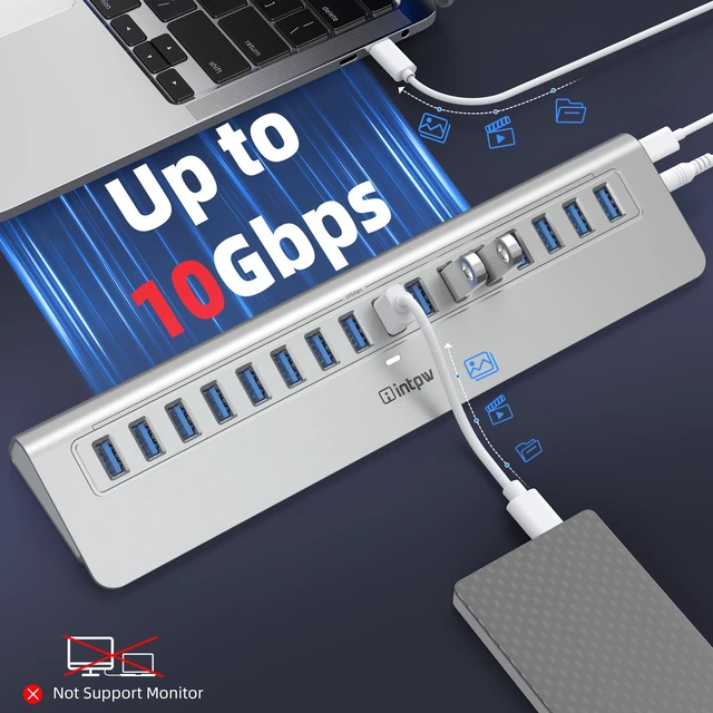Alt view image 3 of 7 - Powered 16-Port USB 3.2 Hub, 10Gbps Data Transfer, 28° Ergonomic Design | 65W Adapter Aluminum Heavy-Duty Plug & Play 3ft Cable for PC, Mac, U Flash Drive, Mobile HDD, SSD