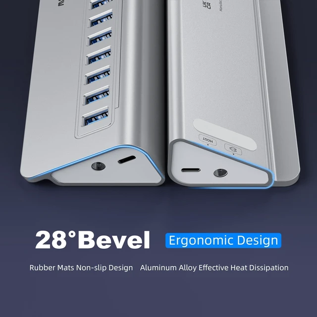 Alt view image 4 of 7 - Powered 16-Port USB 3.2 Hub, 10Gbps Data Transfer, 28° Ergonomic Design | 65W Adapter Aluminum Heavy-Duty Plug & Play 3ft Cable for PC, Mac, U Flash Drive, Mobile HDD, SSD