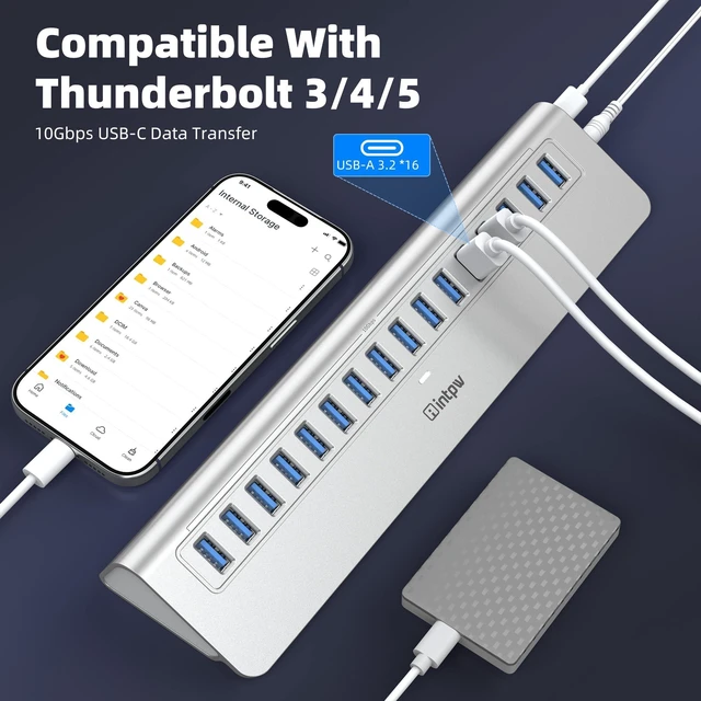 Alt view image 5 of 7 - Powered 16-Port USB 3.2 Hub, 10Gbps Data Transfer, 28° Ergonomic Design | 65W Adapter Aluminum Heavy-Duty Plug & Play 3ft Cable for PC, Mac, U Flash Drive, Mobile HDD, SSD