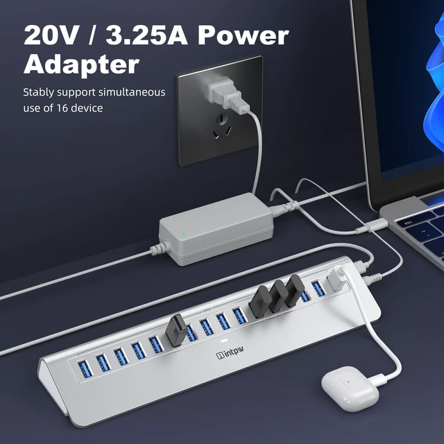Alt view image 6 of 7 - Powered 16-Port USB 3.2 Hub, 10Gbps Data Transfer, 28° Ergonomic Design | 65W Adapter Aluminum Heavy-Duty Plug & Play 3ft Cable for PC, Mac, U Flash Drive, Mobile HDD, SSD