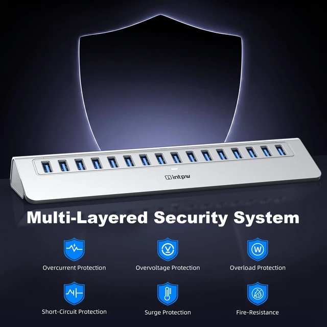Alt view image 7 of 7 - Powered 16-Port USB 3.2 Hub, 10Gbps Data Transfer, 28° Ergonomic Design | 65W Adapter Aluminum Heavy-Duty Plug & Play 3ft Cable for PC, Mac, U Flash Drive, Mobile HDD, SSD