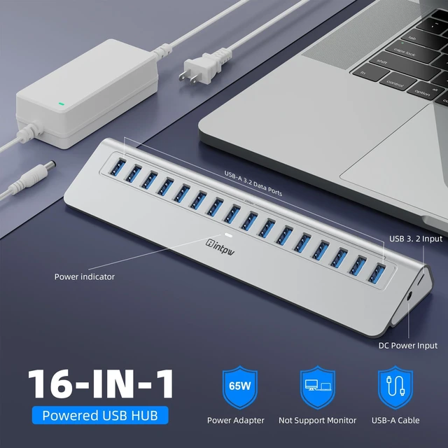 Alt view image 2 of 7 - Powered 16-Port USB 3.2 Hub, 10Gbps Data Transfer, 28° Ergonomic Design | 65W Adapter Aluminum Heavy-Duty Plug & Play 3ft Cable for PC, Mac, U Flash Drive, Mobile HDD, SSD