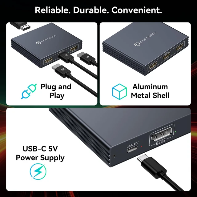 Alt view image 6 of 7 - DisplayPort to HDMI Splitter for Multi Monitor Adapter 4K@60Hz DisplayPort Splitter 1 in 3 Out for 3 Monitor HDMI Support Extended Mode on Windows for DP 1.4 Input Devices Only