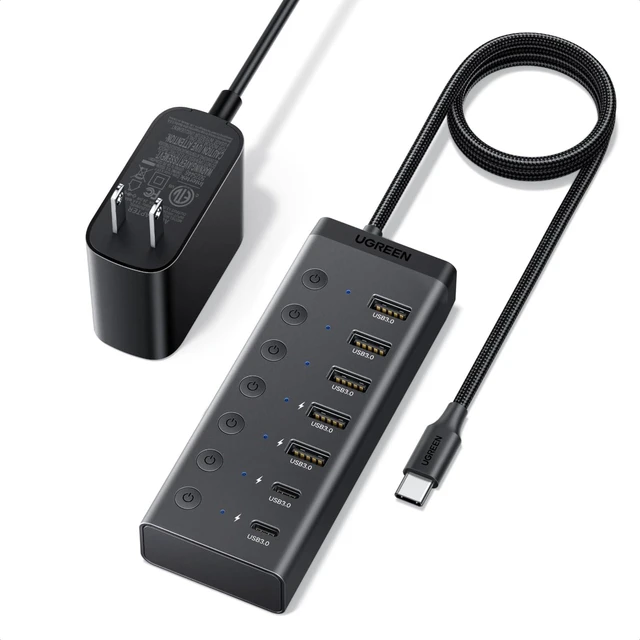 Main image of UGREEN 7-in-1 Powered USB C 3.0 Hub, 7 Ports, 5xUSB-A and 2xUSB-C, 5Gbps | 24W DC Power Input, 3.3 ft Cable, USB-C Multiport Adapter for Laptop, Desktop PC, iMac, Surface and More