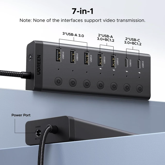 Alt view image 5 of 7 - UGREEN 7-in-1 Powered USB C 3.0 Hub, 7 Ports, 5xUSB-A and 2xUSB-C, 5Gbps | 24W DC Power Input, 3.3 ft Cable, USB-C Multiport Adapter for Laptop, Desktop PC, iMac, Surface and More