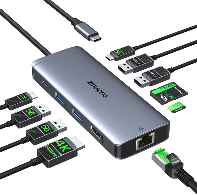 Main image of USB C Hub Ethernet USB-C Adapters for MacBook Pro/Air with HDMI 4K@60Hz | Mac Dongle with USB Port, 10 IN 1 USBC to HDMI Adapter 4K, USB C to Ethernet, 100W PD, USB-C to SD/TF Card Reader Dongle Hub