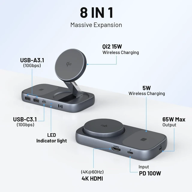 Alt view image 4 of 7 - Selore USB C Hub with Wireless Charging for MacBook: 4K@60Hz HDMI, 100W PD, 15W Qi2 + 5W Wireless, 10Gbps Ports, iPhone Mirroring Docking Station & Magsafe Stand, Space-Saving Desk Organizer