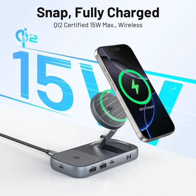 Alt view image 6 of 7 - Selore USB C Hub with Wireless Charging for MacBook: 4K@60Hz HDMI, 100W PD, 15W Qi2 + 5W Wireless, 10Gbps Ports, iPhone Mirroring Docking Station & Magsafe Stand, Space-Saving Desk Organizer