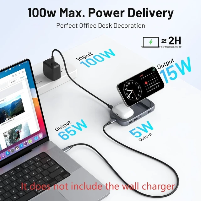 Alt view image 5 of 7 - Selore USB C Hub with Wireless Charging for MacBook: 4K@60Hz HDMI, 100W PD, 15W Qi2 + 5W Wireless, 10Gbps Ports, iPhone Mirroring Docking Station & Magsafe Stand, Space-Saving Desk Organizer