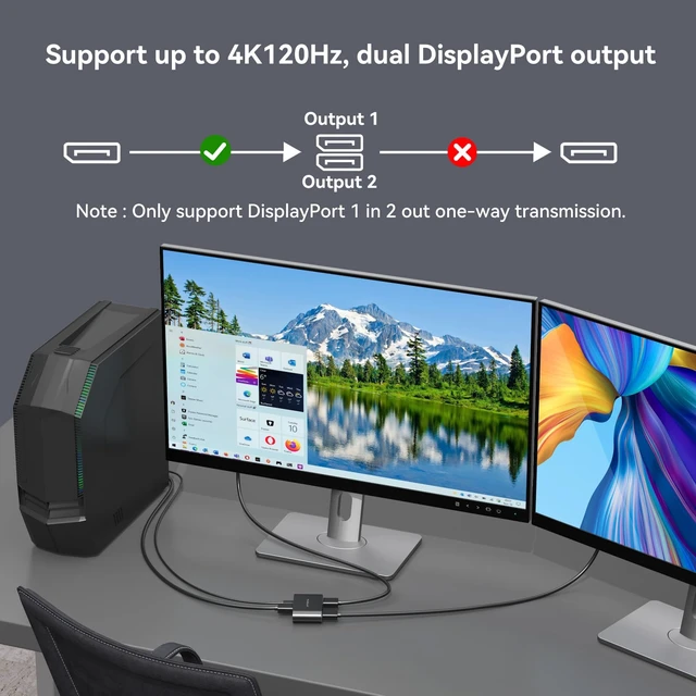 Alt view image 6 of 7 - XPTSFDU DisplayPort to Dual Displayport Splitter 4K120Hz DP to Dual DP Splitter for Dual Monitors Supports Mirrored/Extended Display for Windows Only