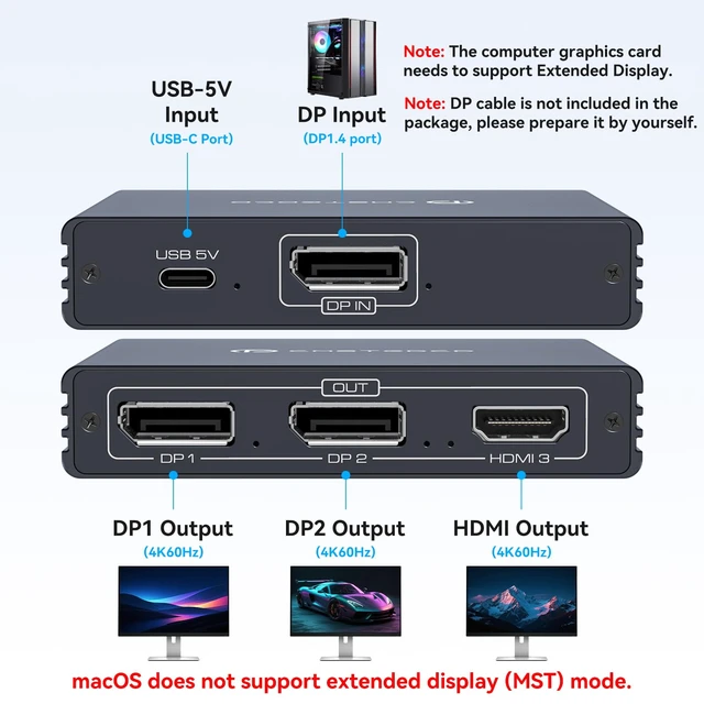 Alt view image 2 of 7 - USB C to HDMI + Displayport Splitter 3 Monitors with 100W PD Charging Thunderbolt to HDMI DP Splitter 1 in 3 Out Multiple Monitors Extended Display Hub for Converter Compatible with Laptop, PC