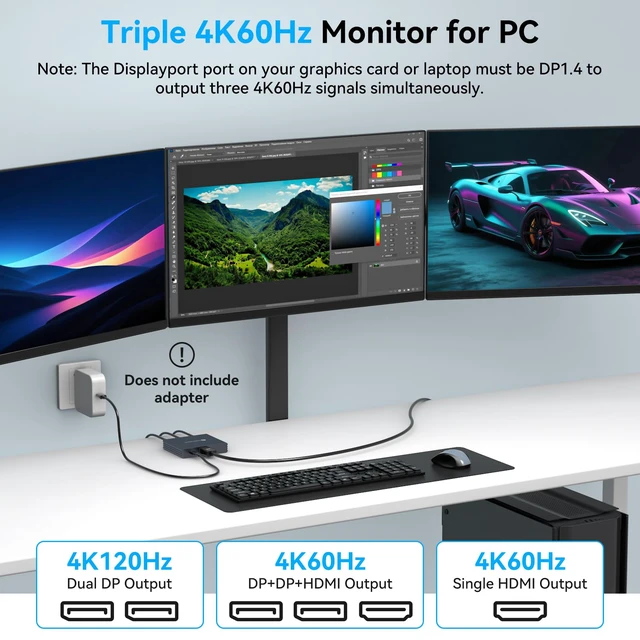 Alt view image 4 of 7 - USB C to HDMI + Displayport Splitter 3 Monitors with 100W PD Charging Thunderbolt to HDMI DP Splitter 1 in 3 Out Multiple Monitors Extended Display Hub for Converter Compatible with Laptop, PC