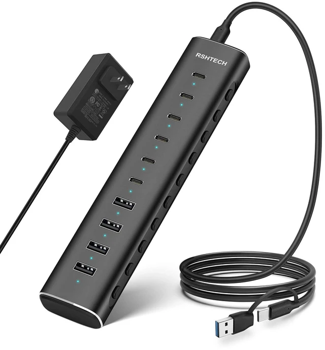 Main image of RSHTECH 10-Port Powered USB C 3.2 Hub 60W with 10Gbps USB 3.2 Ports(6C+4A) | Individual ON/OFF Switches, 3.3ft Detachable USB-A/USB-C Cable, Aluminum USB Extender Hub for Laptop PC, RSH-H10C6